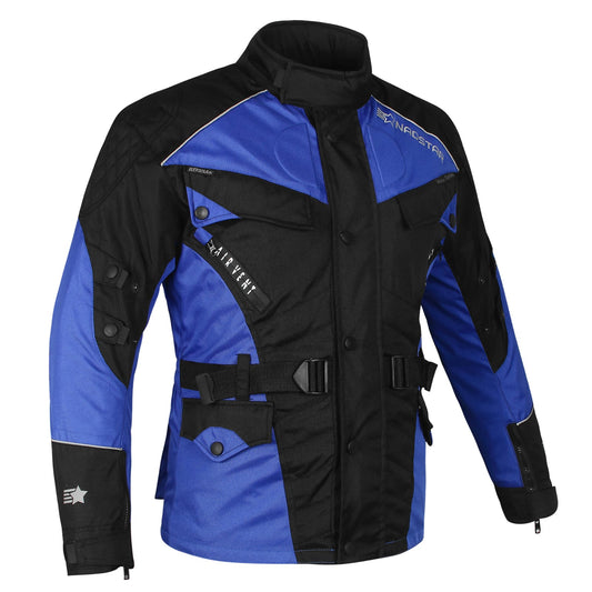 Mens cordura textile black and blue biker fashion longer length jacket