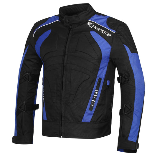 Mens cordura textile black and blue biker fashion medium length jacket